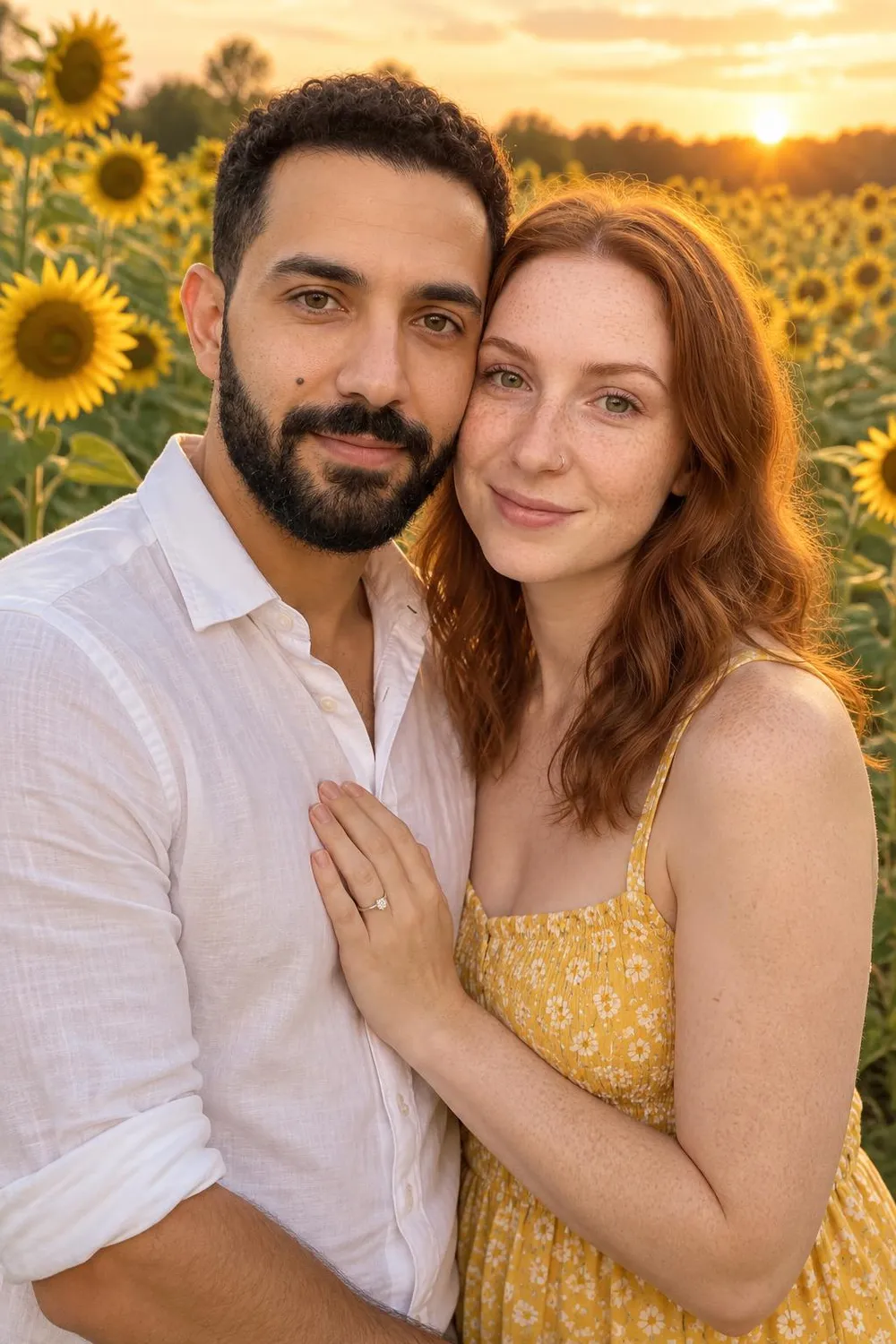 Engagement photo idea: couple standing close between rows of sunflowers