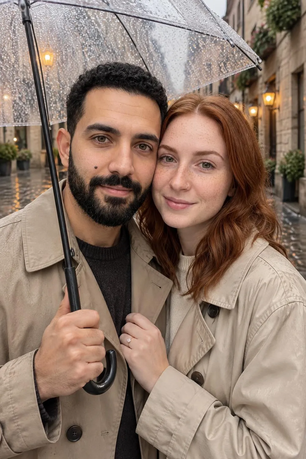 Engagement photo idea: couple sharing a clear umbrella on a rainy cobblestone street