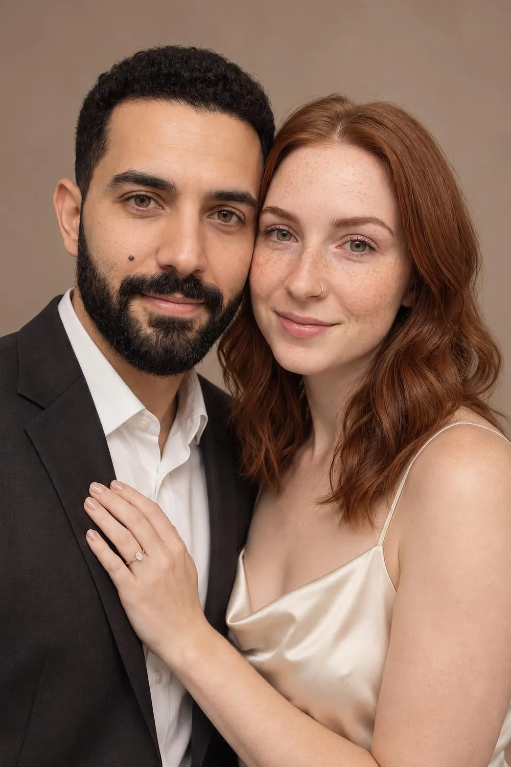 Engagement photo idea: classic close studio portrait of a couple on a warm neutral backdrop