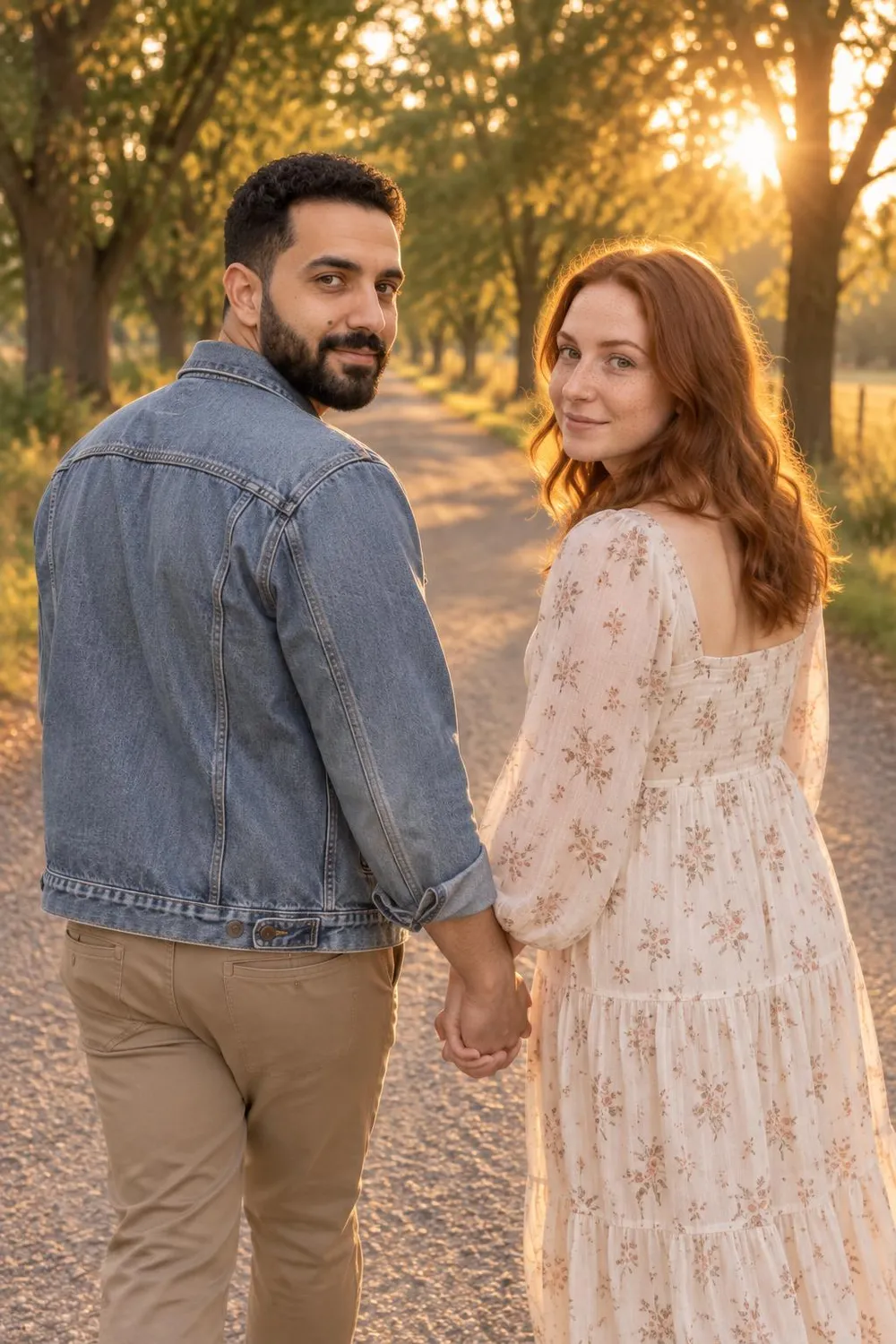 Engagement photo idea: couple walking away down a country road, one looking back