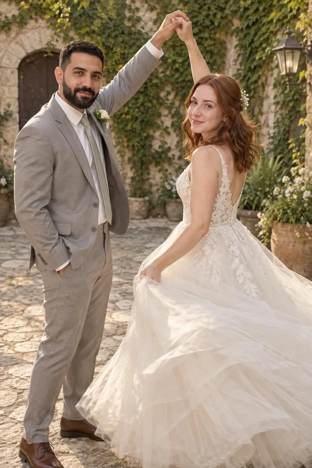 Wedding photo idea: a groom twirling his bride so her dress flares