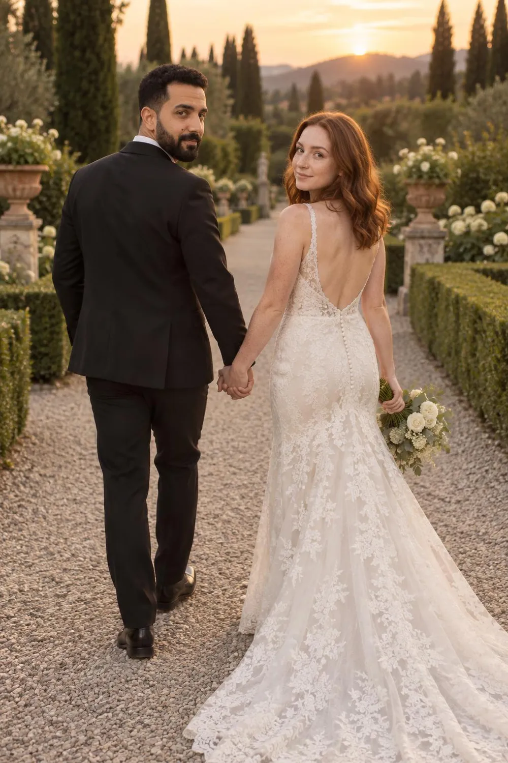 Wedding photo idea: a wedding couple walking away with a long dress train trailing