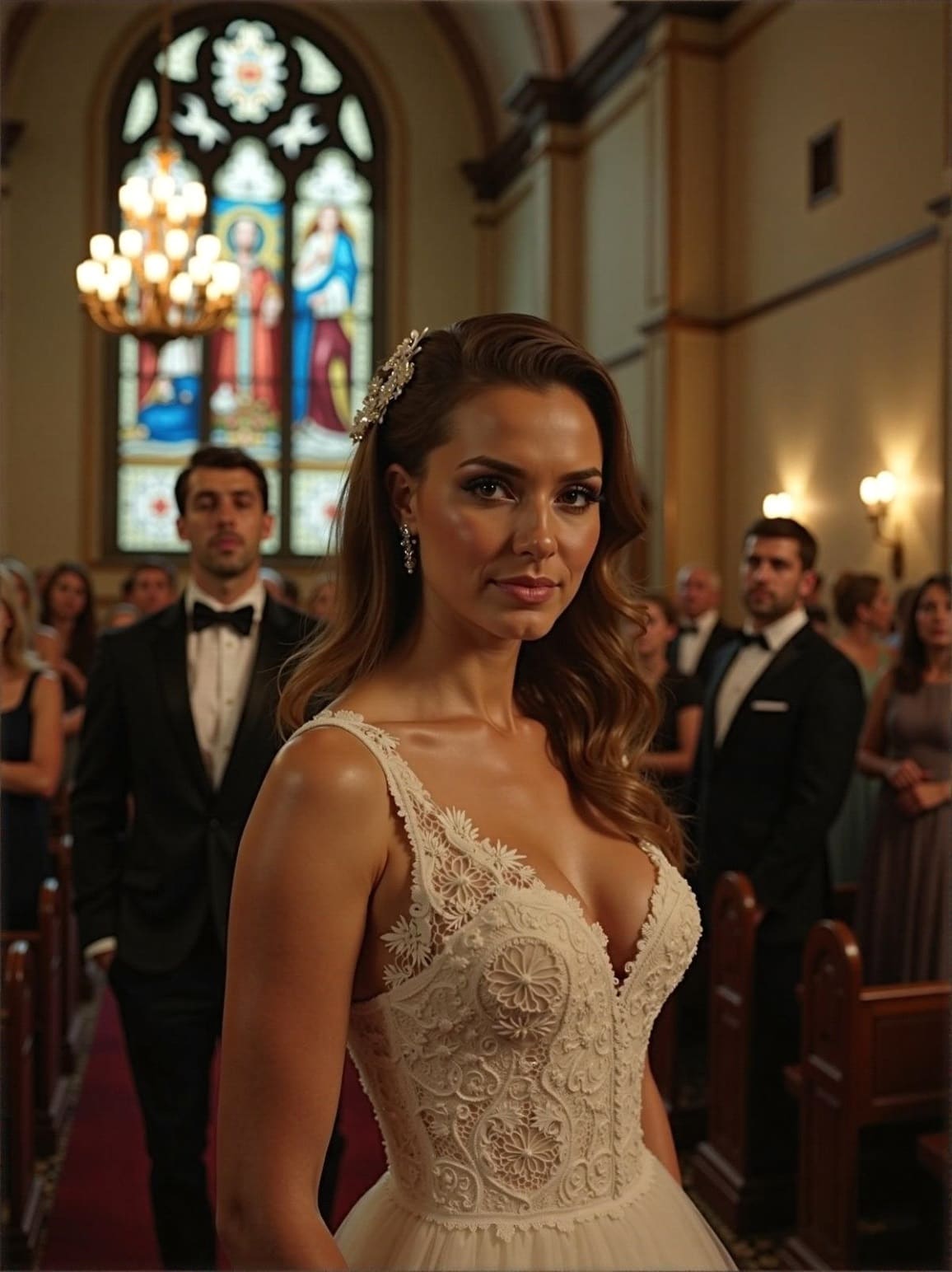 Bride in a lace gown standing in a church aisle with guests behind her