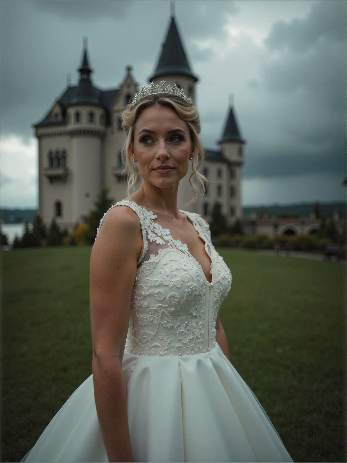 Bride with a tiara and a soft updo in a lace gown on a castle lawn