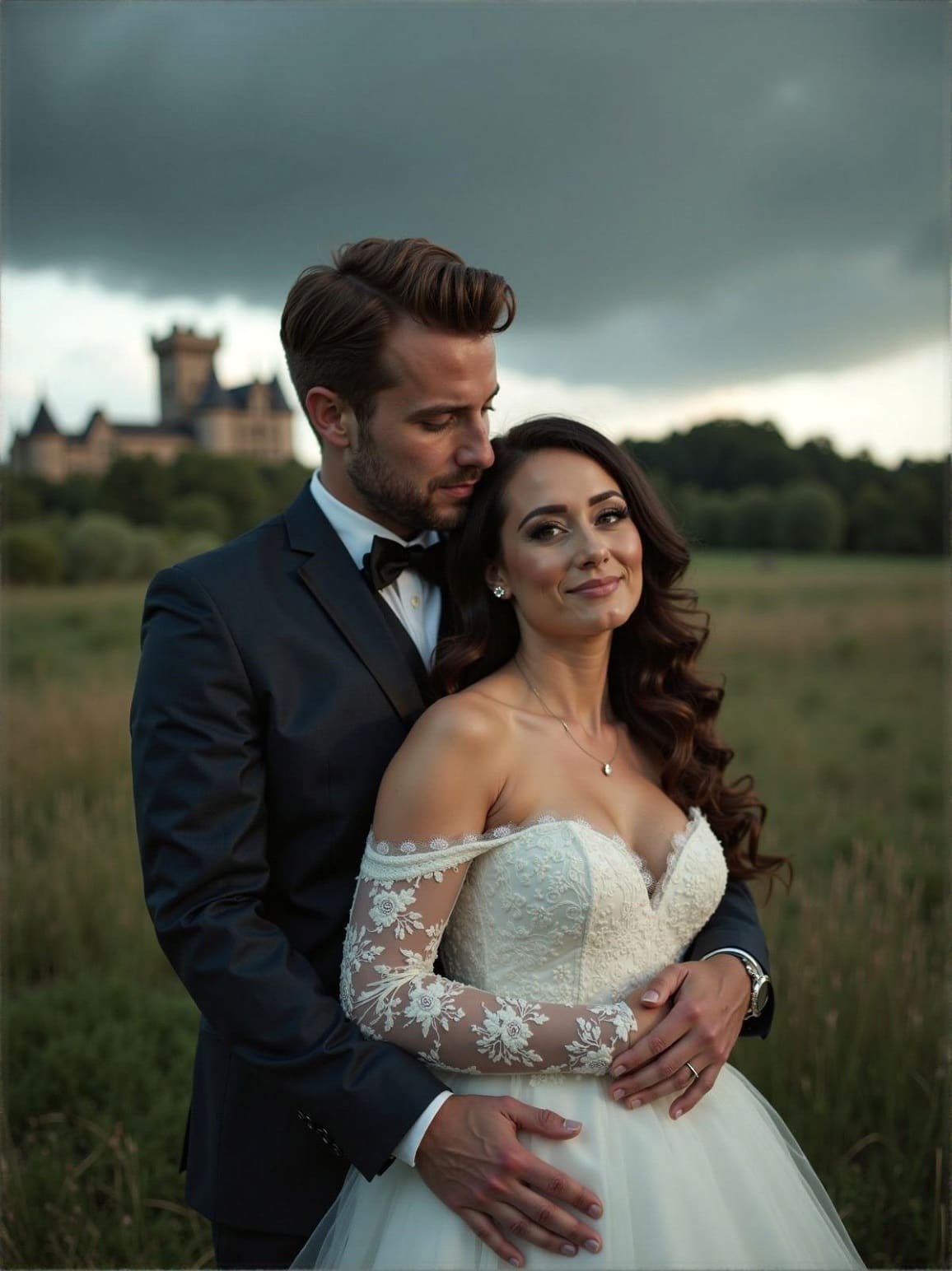Couple embracing in a field at dusk during their wedding portrait session