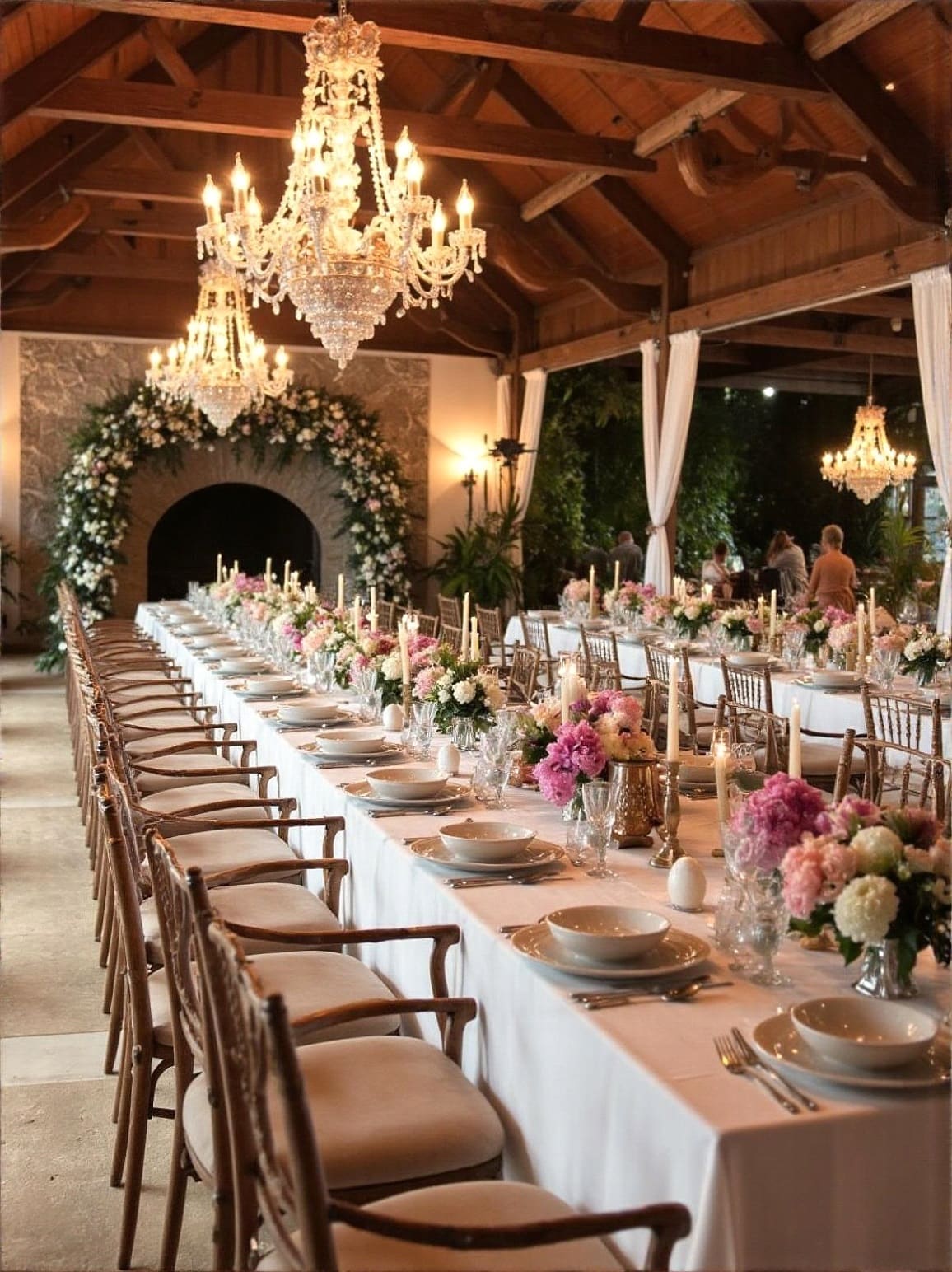 Long candlelit wedding reception table under chandeliers, set before the toasts