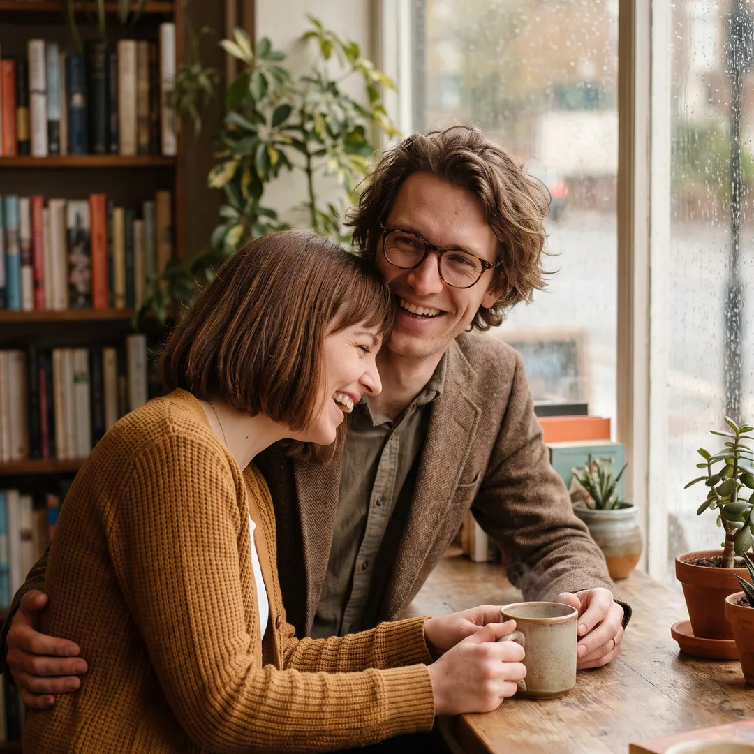 AI-generated engagement photo example: couple laughing in a bookshop cafe