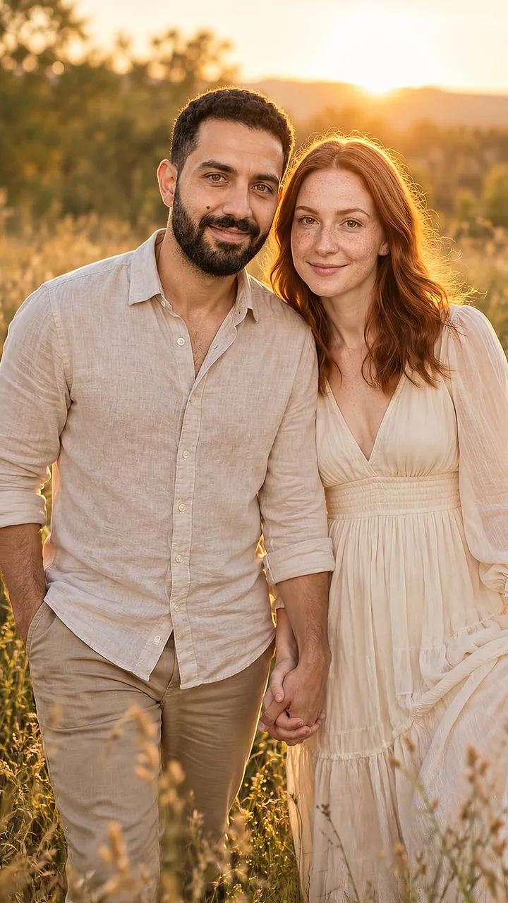 A frame from the film: a couple walking hand in hand through a sunset meadow