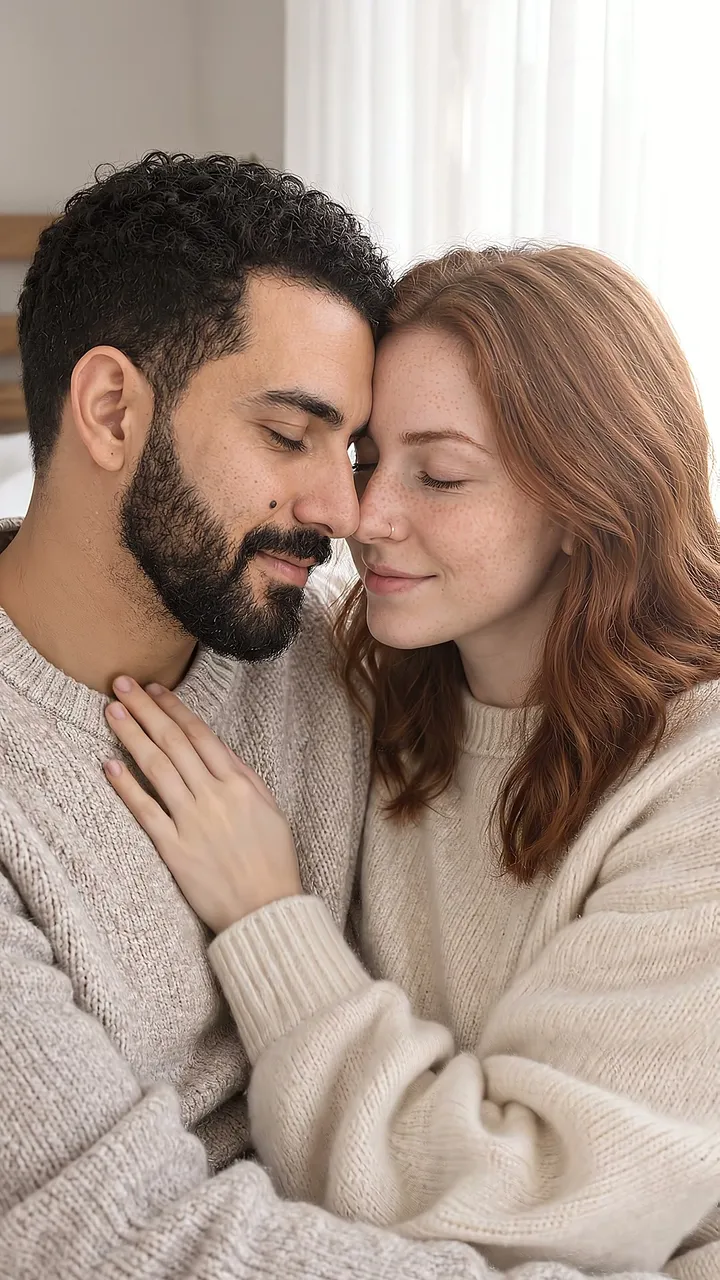 A frame from the film: a couple forehead to forehead by a tall window in soft morning light