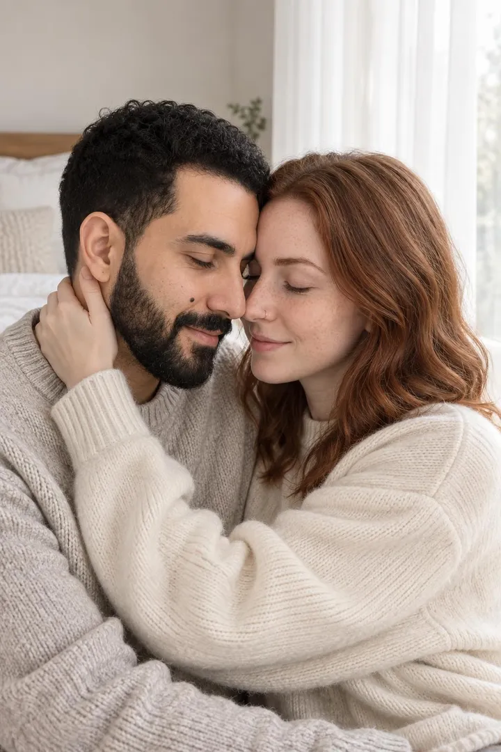 The photo: a couple forehead to forehead by a tall window in soft morning light