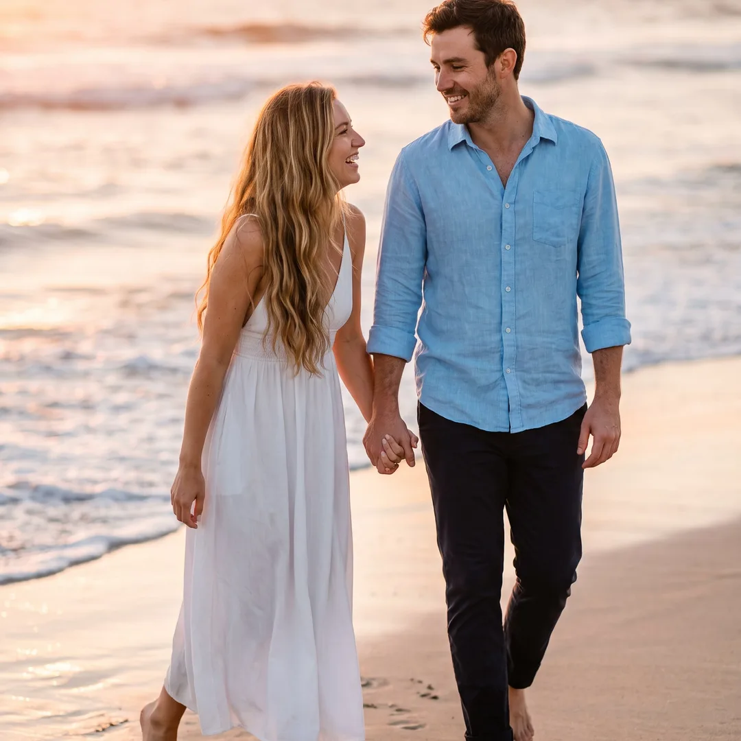 AI-generated save-the-date photo: couple walking the golden-hour waterline