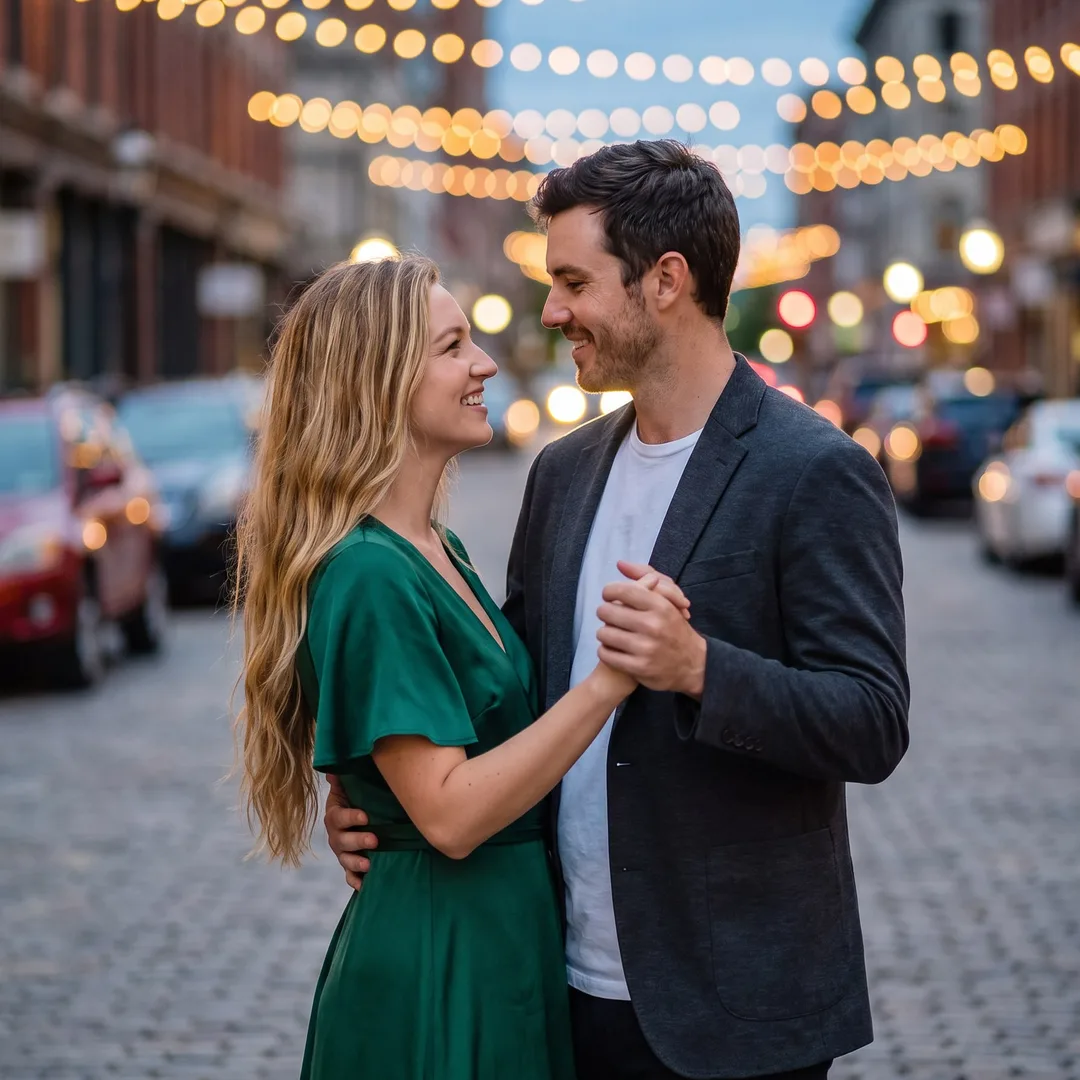 Same couple, AI-generated second scene: slow dancing under evening string lights