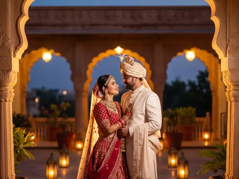 AI pre-wedding photo example: a couple in a palace courtyard at dusk